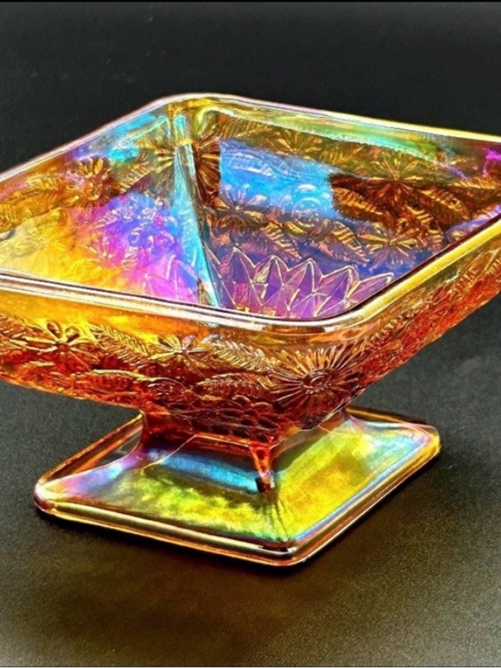 Vintage Indiana Glass Amber Carnival Glass Pedestal Candy Snack Dish Compote